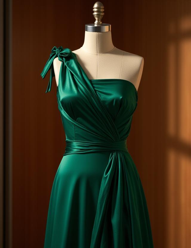 Stunning emerald green silk evening gown display