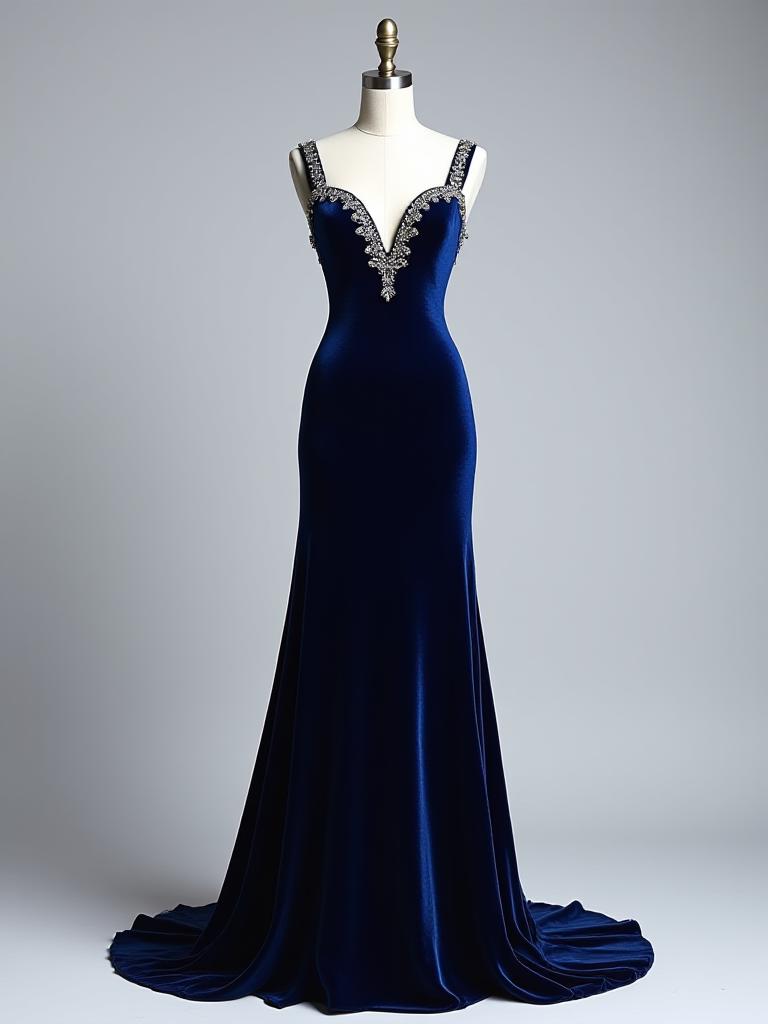 Elegant midnight blue velvet evening gown with silver beadwork