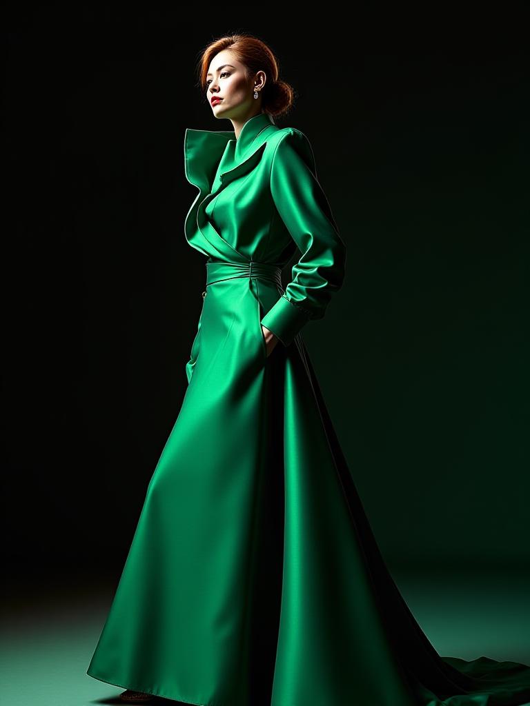 Emerald green structural gown with architectural draping