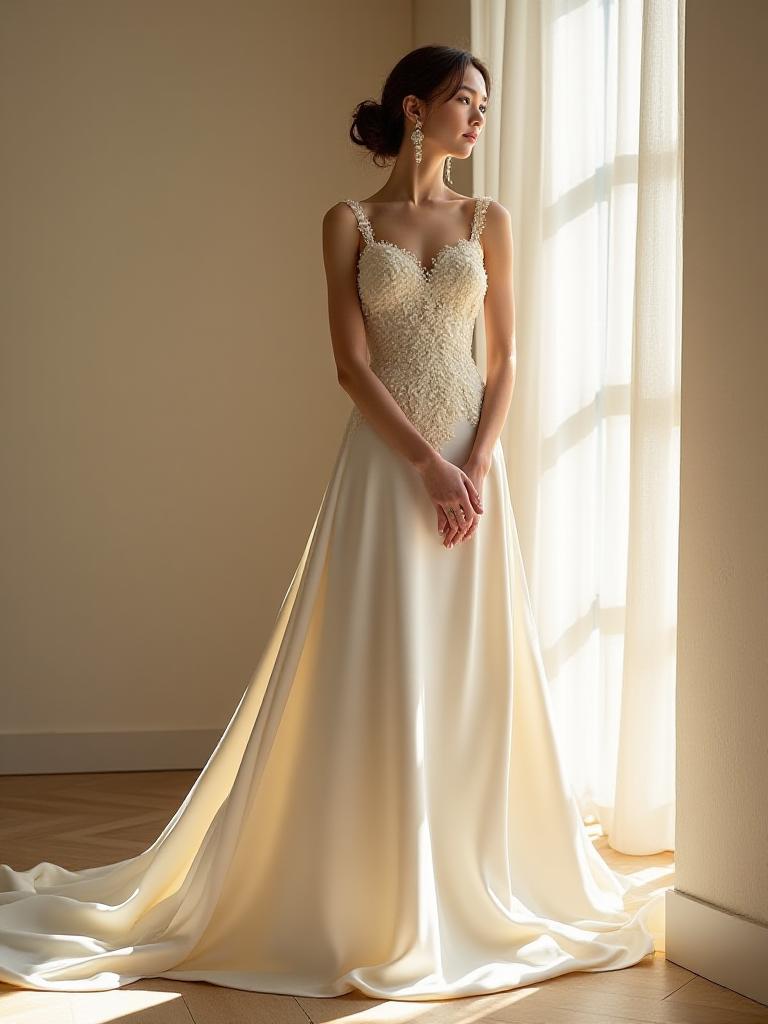 Ivory silk gown with intricate floral lace bodice